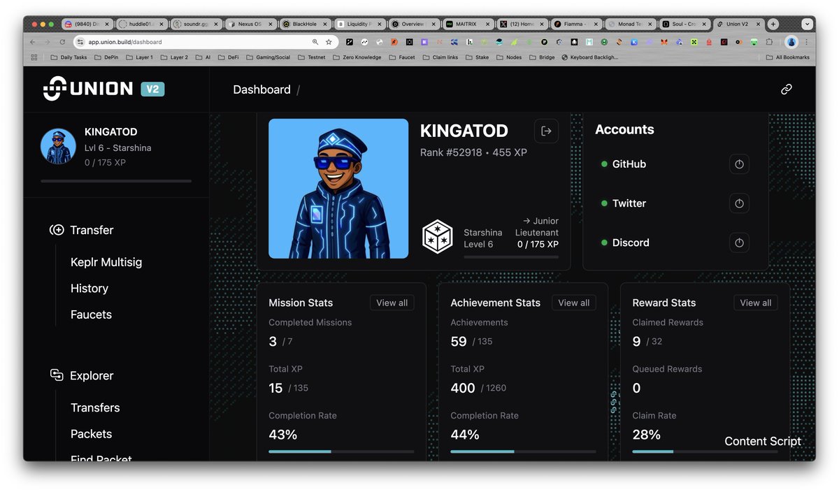 Finally got to Starshina [lvl 6] on the <a href="/union_build/">Union</a> dashboard.

Next stop Junior lieutenant.

Got XPs still claimable — every bit counts.

Long road ahead, but solid progress so far.

zkgm 🦈