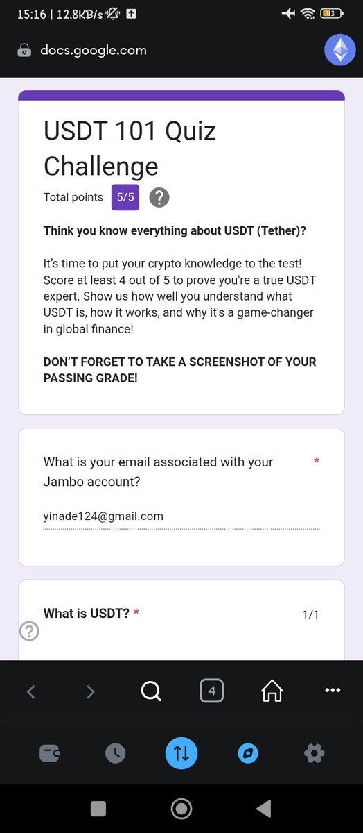 yinade124's tweet photo. I just aced the #USDT101 Quiz by @JamboTechnology 💡 Download the JamboApp to learn and earn like me! https://t.co/RRN3vCXcox