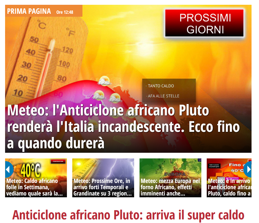 MMmarco0's tweet photo. State lontano e diffidate da questo modo di comunicare. "Italia incandescente", "arriva il super caldo", "Caldo insopportabile e malessere". Questa non è meteorologia, questa è comunicazione fuorviante, ansiogena, sbagliata. Il peggio del peggio. Mi chiedo anche come si possa arrivare a chiamare un anticiclone "Pluto".  Questi articoli clickbait che usano termini apocalittici non fanno altro che aumentare l'ansia. L'ansia attivando il sistema nervoso simpatico può farvi sentire ancora piu' caldo di quello che realmente è. Affidatevi a meteorologi e climatologi che spiegano i fenomeni con dati scientifici, moderazione e chiarezza, senza generare panico o terrore.
