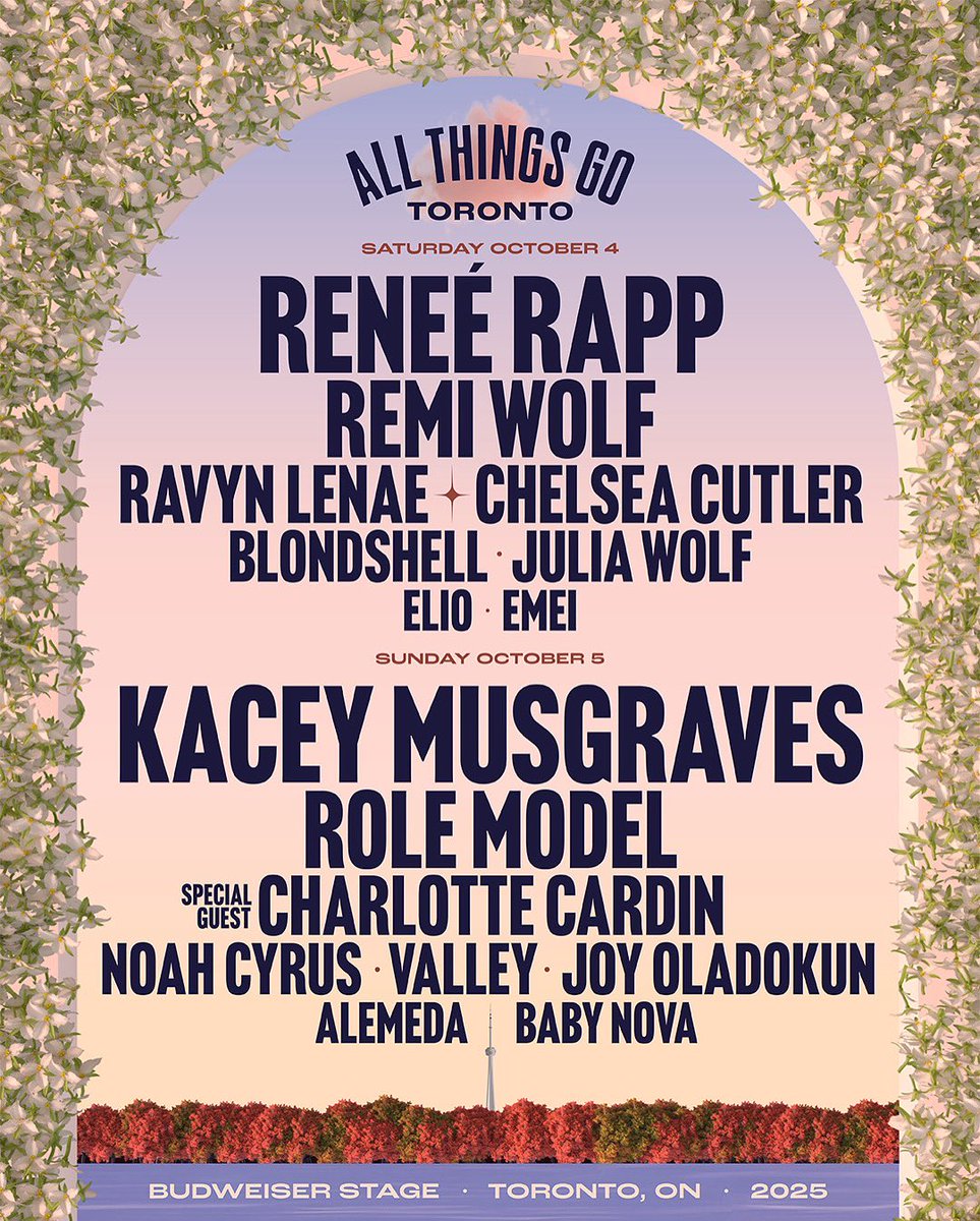 Reneé Rapp, Role Model, Kacey Musgraves, Remi Wolf,  Ravyn Lenae and SO many others will be playing All Things Go Toronto! 🇨🇦

Fan presale will start at 10am on Thursday.