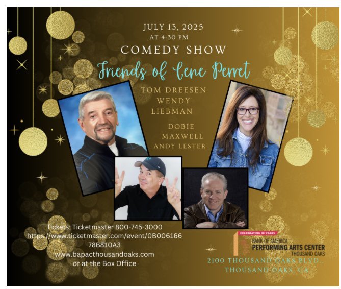Get your tickets today!!

ticketmaster.com/event/0B006166…
<a href="/tomdreesencomic/">Tom Dreesen</a> #wendyliebman #dobiemaxwell #geneperret #comedyshow