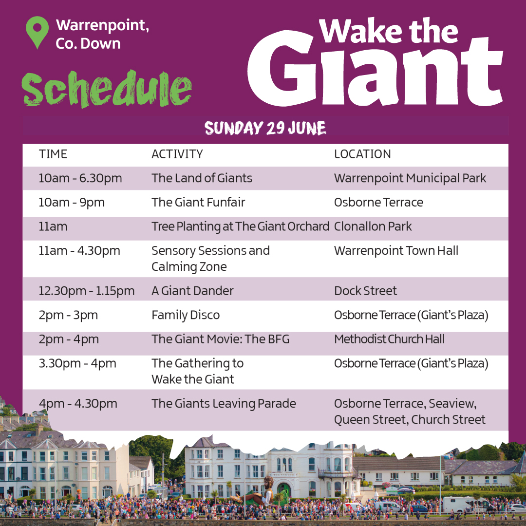 🌅 Good Morning, festivalgoers! 🎉

Day 2 of Wake the Giant 2025 is here and it’s shaping up to be another spectacular day in Warrenpoint!

❓ For FAQs, ♿ accessibility information, and ℹ️ festival guide, visit👉 visitmournemountains.co.uk/whats-on/giant…
#wakethegiant