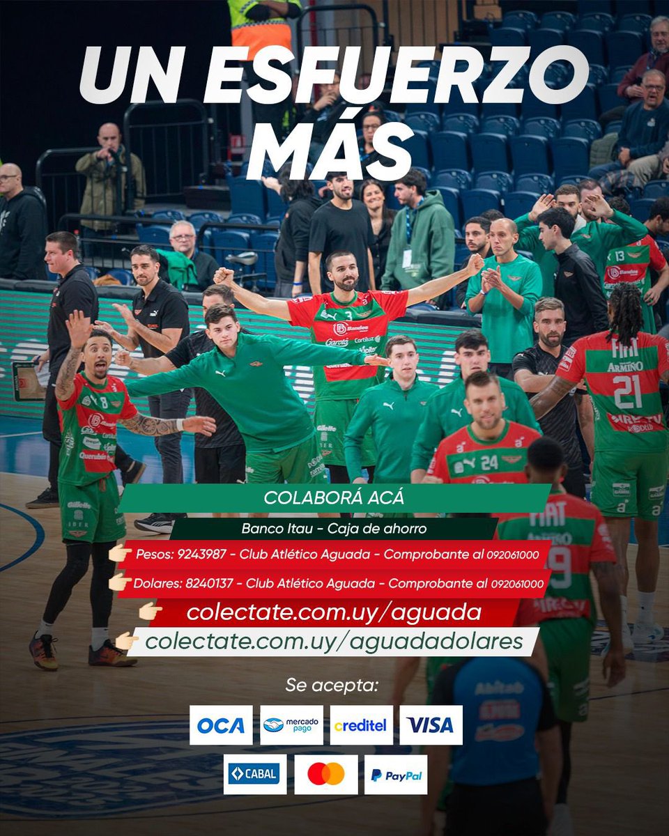 🗣️ 𝐔𝐧 𝐞𝐬𝐟𝐮𝐞𝐫𝐳𝐨 𝐦𝐚́𝐬

¡Continúa la colecta y acá tenés las formas de colaborar! 

👉🏻 Cuenta Itaú: 9243987 o 8240137 (enviar comprobante) 
👉🏻 colectate.com.uy/aguada
👉🏻 colectate.com.uy/aguadadolares

#SomosBasquet🔴🟢
#ConEntusiasmoYValía🔴🟢