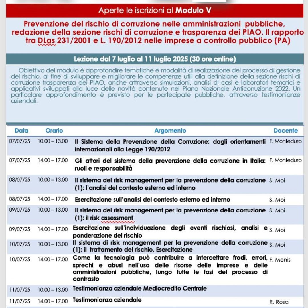Al via dal 7 all'11 luglio 2025 il Modulo V del <a href="/MAnticorruzione/">MasterAnticorruzione</a> decima edizione: "Prevenzione del rischio di corruzione nelle amministrazioni pubbliche"Per info e iscrizioni: Avv. Daniela Condò - daniela.condo@uniroma2.it 📷