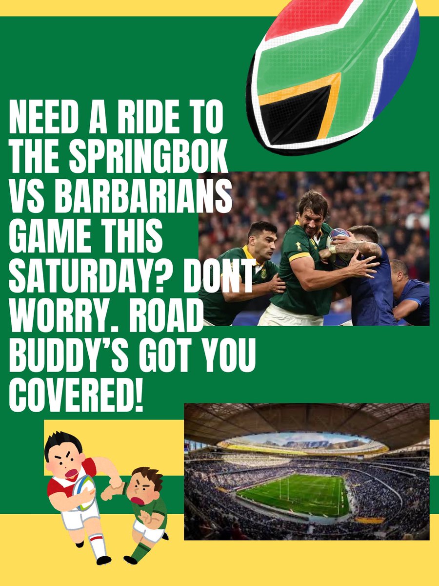 roadbuddyza's tweet photo. Rugby’s rough your ride shouldn’t be. Skip the traffic, skip the stress, and save your energy for yelling at the ref! 🏉

Book Road Buddy now for your transport for this Saturday’s Springbok vs Barbarians game!💚💛

Contact:
☎️: 073 197 7517
📧:roadbuddycharters@gmail.com https://t.co/NumX5A804r