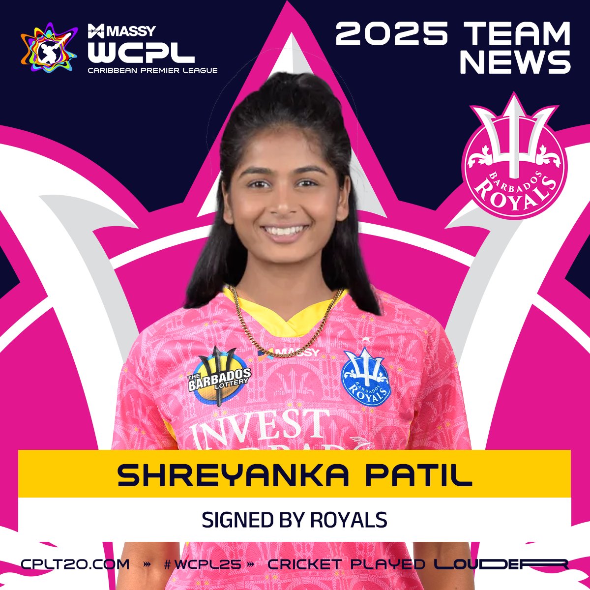 Fan favourite <a href="/shreyanka_patil/">Shreyanka Patil</a> is back at the WCPL, but this time she joins current champions <a href="/BarbadosRoyals/">Barbados Royals</a>. She will be looking to go one better this year having made the WCPL final in 2023 with the Amazon Warriors. #WCPL25 #MassyWCPL #WCPLDraft #CricketPlayedLouder