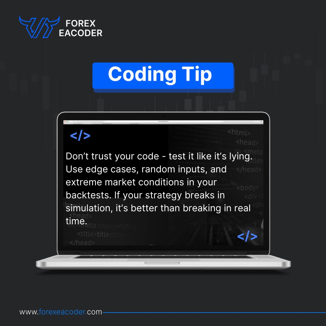 forexeacoder's tweet image. ๐ง Coding Tip
Donโt trust your code - test it like itโs lying.
Throw edge cases, random inputs, and wild market conditions at it.
If it breaks in backtesting, it wonโt survive live. ๐ง๐งช
#AlgoTrading #Backtesting #ForexDev #CodeSmart #TradingTips
