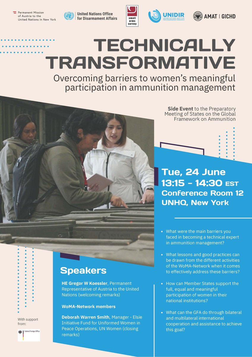 small arms survey (@smallarmssurvey) on Twitter photo How can Member States support the full, equal and #meaningful participation of #women in ammo management? Tomorrow, 24 June, let the WoMA-Network inspire you along with <a href="/UNIDIR/">United Nations Institute for Disarmament Research</a> , AMAT, <a href="/UN_Women/">UN Women</a> , <a href="/UN_Disarmament/">ODA</a> , and the Survey at our #GFA side event hosted by <a href="/AustriaUN/">Austria UN</a> How can Member States support the full, equal and #meaningful participation of #women in ammo management? Tomorrow, 24 June, let the WoMA-Network inspire you along with <a href="/UNIDIR/">United Nations Institute for Disarmament Research</a> , AMAT, <a href="/UN_Women/">UN Women</a> , <a href="/UN_Disarmament/">ODA</a> , and the Survey at our #GFA side event hosted by <a href="/AustriaUN/">Austria UN</a>