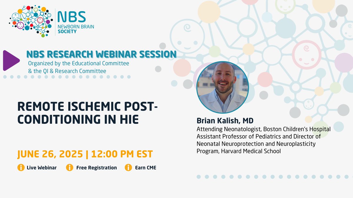 NewbornBrains's tweet image. Join us for this week's Research Educational Webinar session with guest speaker, Brian Kalish, on Thursday (6/26) at 12pm EST: "Remote Ischemic Post-Conditioning in HIE"
Objectives:
1. Understand the biology of remote ischemic conditioning.
2. Summarize the existing evidence for…