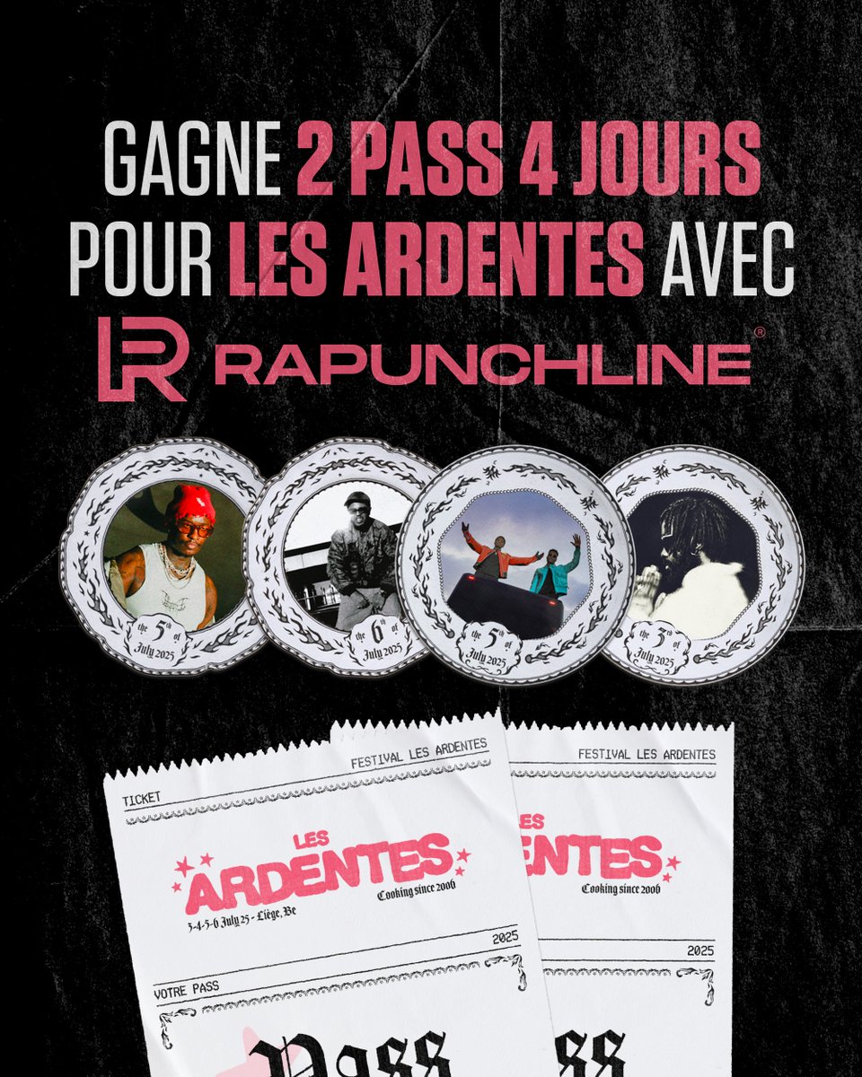 Rapunchline (@rapunchline) on Twitter photo 🚨 CONCOURS
Gagne 2 pass 4 jours avec camping pour aller aux Ardentes cet été du 3 au 6 Juillet !
Avec :
• HAMZA
• YOUNG THUG
• KEN CARSON
• LIL TECCA
• GUCCI MANE
• NISKA & NINHO
• SWAE LEE
• DAMSO
• LATTO
etc…
RT + FOLLOW <a href="/rapunchline/">Rapunchline</a> & <a href="/LESARDENTES/">LES ARDENTES</a> 🚨 CONCOURS
Gagne 2 pass 4 jours avec camping pour aller aux Ardentes cet été du 3 au 6 Juillet !
Avec :
• HAMZA
• YOUNG THUG
• KEN CARSON
• LIL TECCA
• GUCCI MANE
• NISKA & NINHO
• SWAE LEE
• DAMSO
• LATTO
etc…
RT + FOLLOW <a href="/rapunchline/">Rapunchline</a> & <a href="/LESARDENTES/">LES ARDENTES</a>