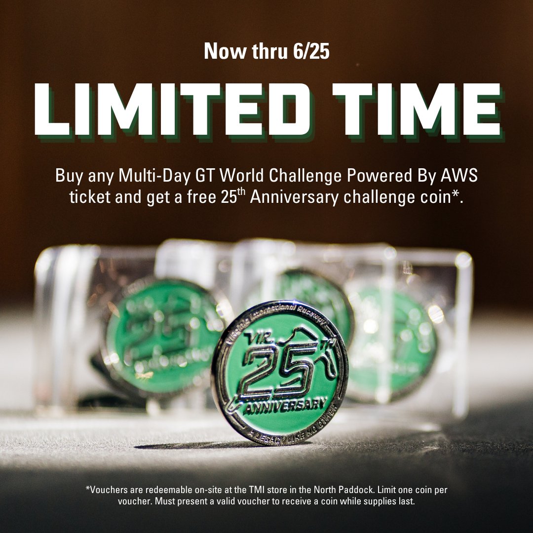 VIRginia International Raceway (@virnow) on Twitter photo Now through June 25 buy any Multi-Day GT World Challenge ticket and get a free 25th Anniversary challenge coin! Act fast before it's too late!
<a href="/gtworldcham/">GT World Challenge America pwd by AWS</a> | #GTVIR
🎟️: ow.ly/sE0B50WcpEG Now through June 25 buy any Multi-Day GT World Challenge ticket and get a free 25th Anniversary challenge coin! Act fast before it's too late!
<a href="/gtworldcham/">GT World Challenge America pwd by AWS</a> | #GTVIR
🎟️: ow.ly/sE0B50WcpEG
