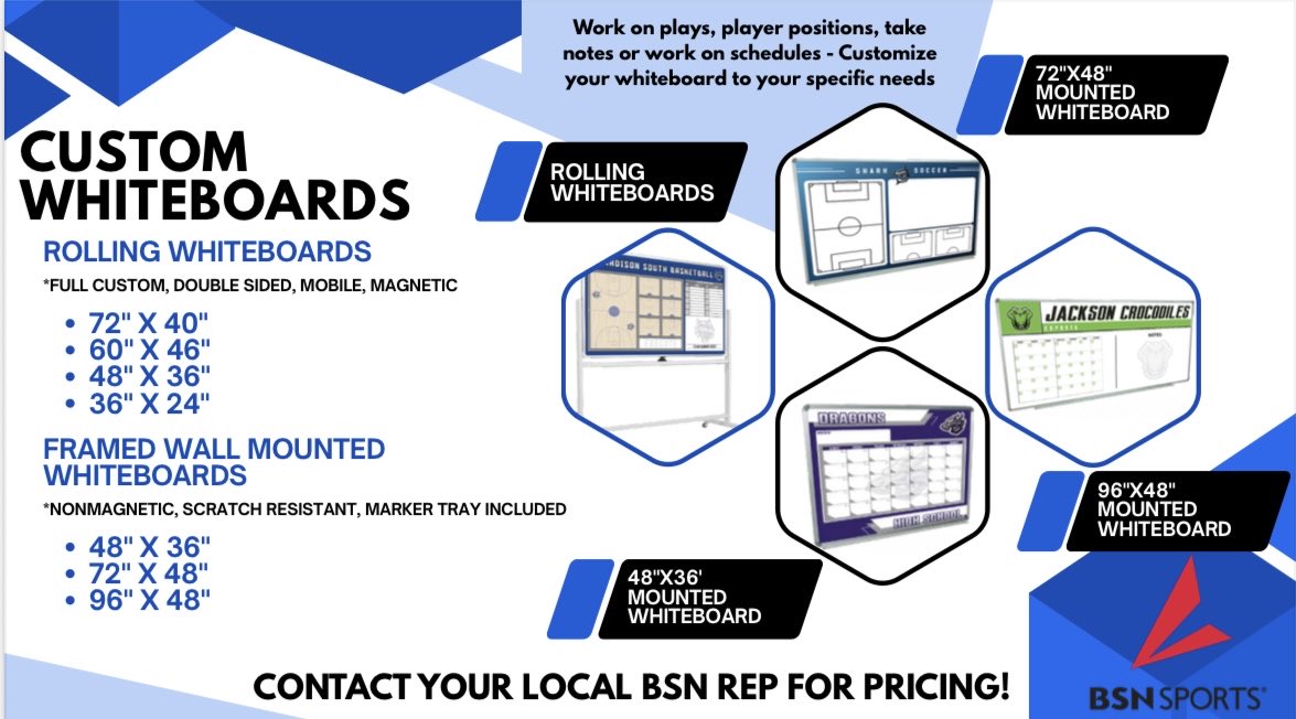TylerBrownBSN's tweet image. ‼️ CUSTOM WHITEBOARDS ‼️
Perfect for coaches, teachers, & admin!
Add your school logo, colors, & layout.
These are great for game plans, schedules, or classroom use.
Call, email, or DM me for more details.
@BSNSPORTS_FL
@BSNSPORTS