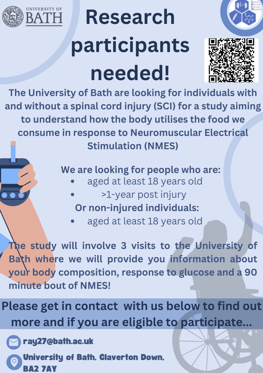 Jennifer Maher (@jenniferlmaher) on Twitter photo 🚨 Recruiting study participants! 🚨
Join this exciting study at <a href="/UniofBath/">University of Bath</a> exploring glucose metabolism after spinal cord injury. Get in touch for more info! 📩 Details on the poster 👇 #SCIresearch
<a href="/Gonzalez_JT/">Javier Gonzalez</a> <a href="/gareth_wallis/">Gareth Wallis</a> <a href="/CNEM_Bath/">Centre for Nutrition, Exercise and Metabolism</a> 🚨 Recruiting study participants! 🚨
Join this exciting study at <a href="/UniofBath/">University of Bath</a> exploring glucose metabolism after spinal cord injury. Get in touch for more info! 📩 Details on the poster 👇 #SCIresearch
<a href="/Gonzalez_JT/">Javier Gonzalez</a> <a href="/gareth_wallis/">Gareth Wallis</a> <a href="/CNEM_Bath/">Centre for Nutrition, Exercise and Metabolism</a>