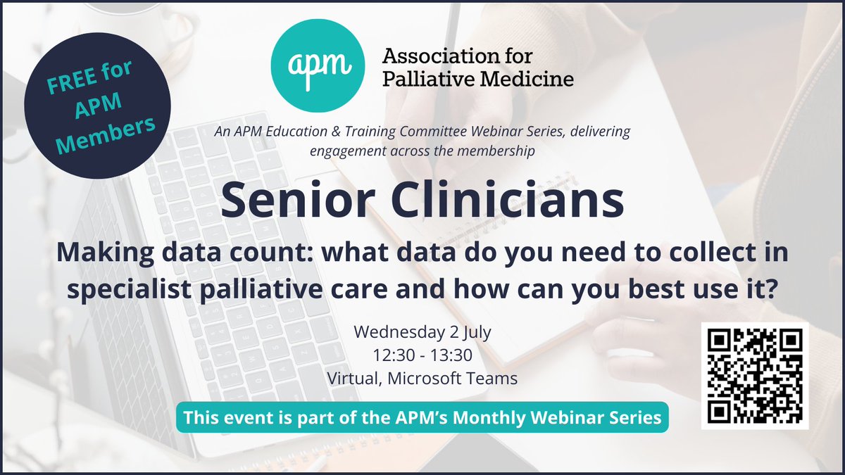 APM_Hub's tweet image. Join us for our next event
🗓️2 July 2025
⏰12:30 - 13:30
Senior Clinicians – Making data count: what data do you need to collect in specialist palliative care and how can you best use it?
Part of the APM’s monthly webinar series
FREE for APM members
🎟️apmonline.org/events/859-126/