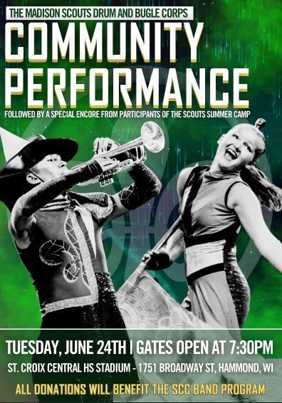 Join us tomorrow night at the high school to see the Madison Scouts Drum and Bundle Corps! Gates open at 7:30pm for this FREE show! If you would like to donate all proceeds will benefit the SCC band program. Hope to see you there!