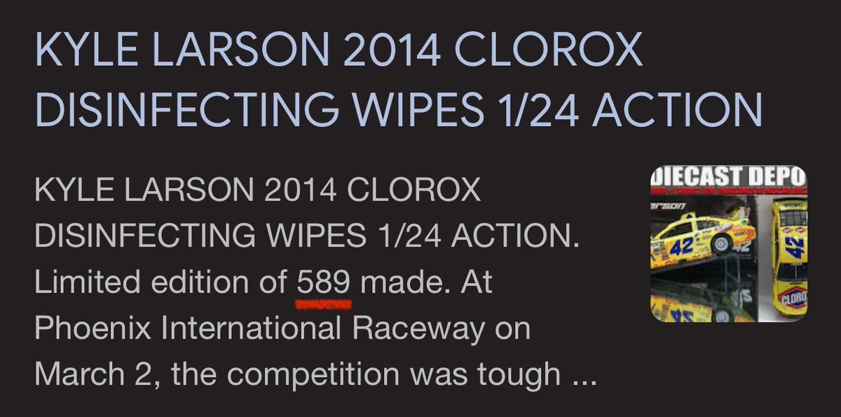 $589 (@589cto) on Twitter photo In 2014 <a href="/KyleLarsonRacin/">Kyle Larson</a> was paid to "shill" <a href="/Clorox/">Clorox</a> just like <a href="/JoelKatz/">David 'JoelKatz' Schwartz</a> joked about. 😉
To mark the occasion, they released a limited edition die-cast producing exactly 589 of the Clorox cars... 👀
#XRP to $589 is coded. 🚀 In 2014 <a href="/KyleLarsonRacin/">Kyle Larson</a> was paid to "shill" <a href="/Clorox/">Clorox</a> just like <a href="/JoelKatz/">David 'JoelKatz' Schwartz</a> joked about. 😉
To mark the occasion, they released a limited edition die-cast producing exactly 589 of the Clorox cars... 👀
#XRP to $589 is coded. 🚀
