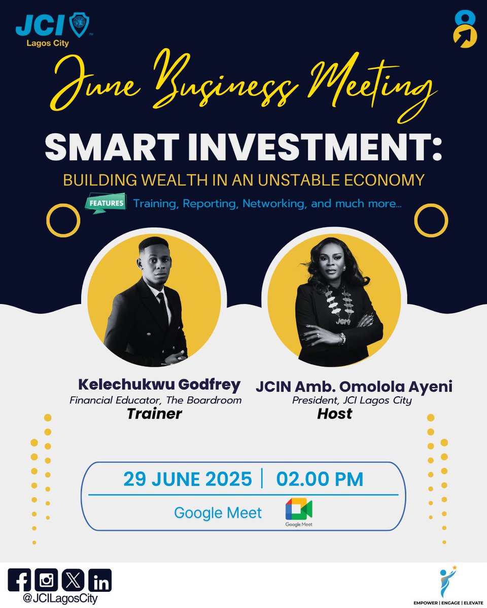 It’s that time again!

Join us for the JCI Lagos City June Business Meeting

🗓️June 29
🕑2PM
📍Google Meet

✨ Highlights:

🔹 “Smart Investment: Building Wealth in an Unstable Economy” with Kelechukwu Godfrey
🔹 Reporting, Networking &amp; More!
🎙️ Hosted by JCIN Amb. Omolola Ayeni