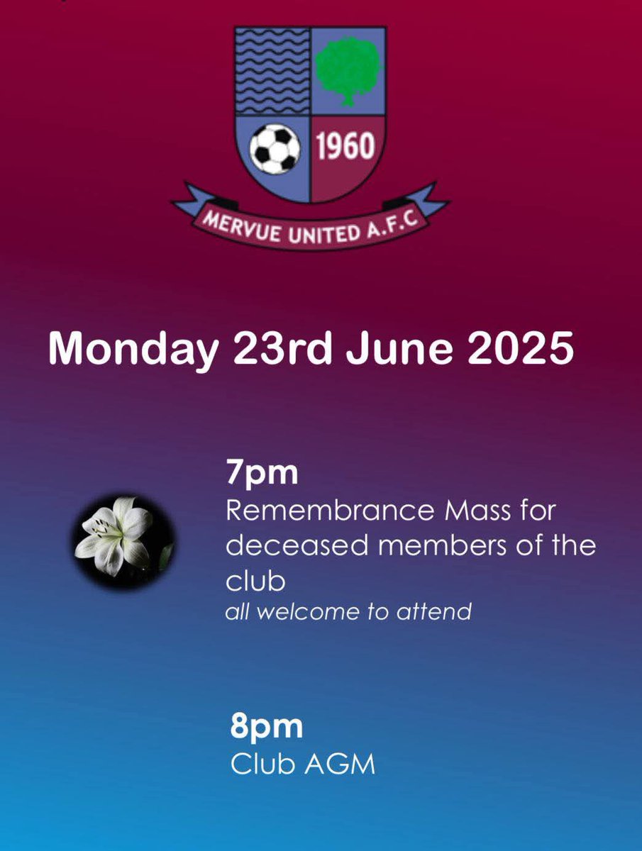 Mervue United F.C. (@mervueunitedafc) on Twitter photo <a href="/MervueUnitedAFC/">Mervue United F.C.</a> AGM will take place this evening at Fahy's Field and will be preceeded by our annual Rememberence Mass for all deceased members of our club at 7pm.
All club members and supporters welcome <a href="/MervueUnitedAFC/">Mervue United F.C.</a> AGM will take place this evening at Fahy's Field and will be preceeded by our annual Rememberence Mass for all deceased members of our club at 7pm.
All club members and supporters welcome