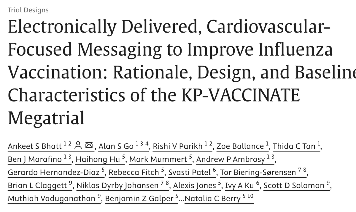 Ankeet S. Bhatt, MD, MBA (@ankeetbhatt) on Twitter photo Rationale, Design, and Baseline char. of KP-VACCINATE out in <a href="/AmericanHeartJ/">AmericanHeartJ</a>. ~3.8 Million adults randomized in 2 integrated learning healthcare systems in ~4 weeks. To our knowledge, the 🌟largest RCT ever🌟 & fully embedded in routine case. Results soon sciencedirect.com/science/articl… Rationale, Design, and Baseline char. of KP-VACCINATE out in <a href="/AmericanHeartJ/">AmericanHeartJ</a>. ~3.8 Million adults randomized in 2 integrated learning healthcare systems in ~4 weeks. To our knowledge, the 🌟largest RCT ever🌟 & fully embedded in routine case. Results soon sciencedirect.com/science/articl…