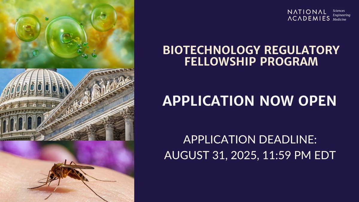 NASEM_BioRegFS's tweet image. Biotechnology Regulatory Fellowships are a 6-month, full-time opportunities in D.C. for early-career professionals to shape the future regulation of biotechnology. $70K stipend. Apply by Aug 31.
Learn more: ow.ly/n7HL50WalYf
#BiotechnologyFellowship #RegulatoryInnovation