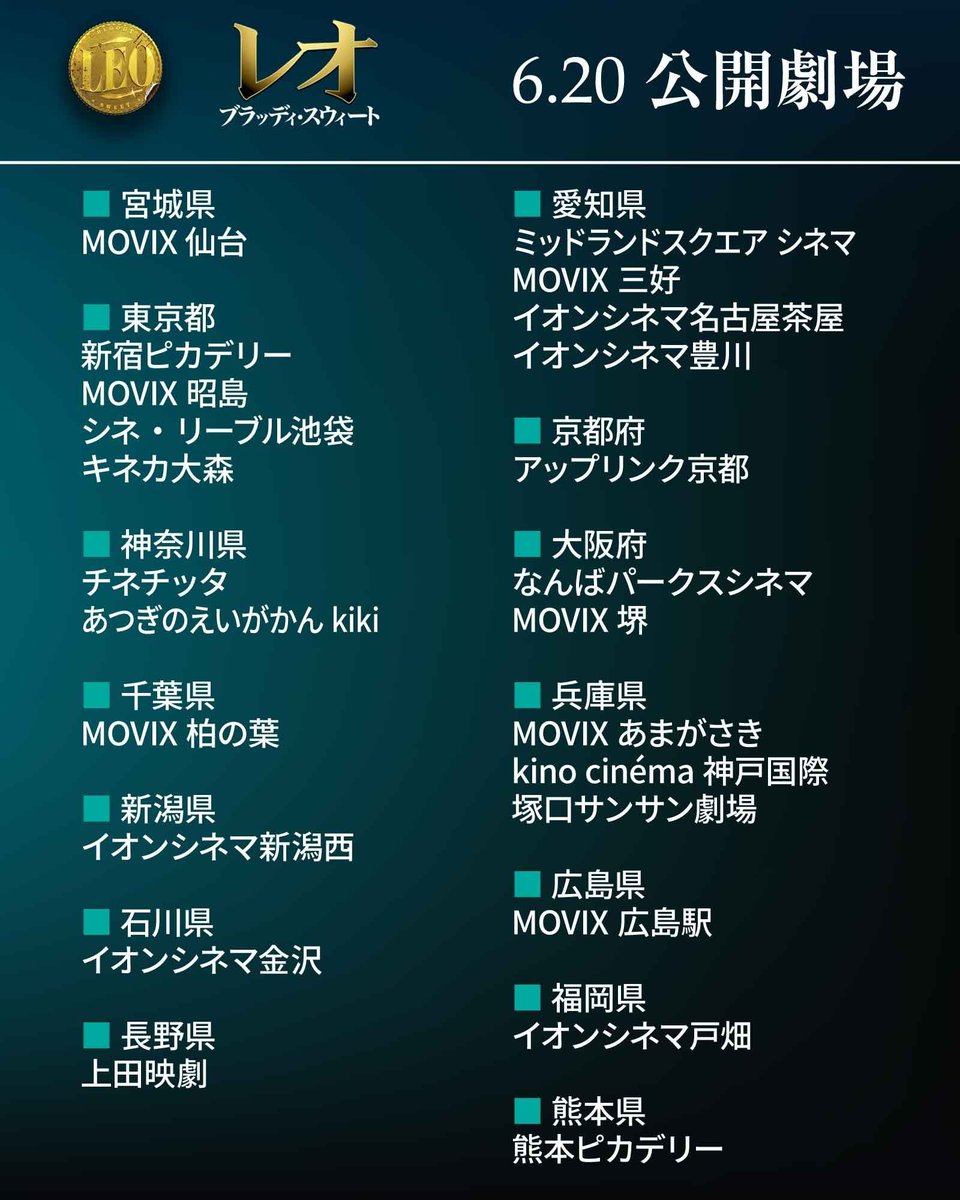 『レオ：ブラッディ・スウィート』おかげさまで好評公開中ですが、以下の劇場は今週6/26(木)にて終映予定です。

・MOVIX系劇場
・ミッドランドスクエア シネマ
・なんばパークスシネマ
・kino cinéma 神戸国際

川崎チネチッタのLIVEサウンド上映も同日まで‼️