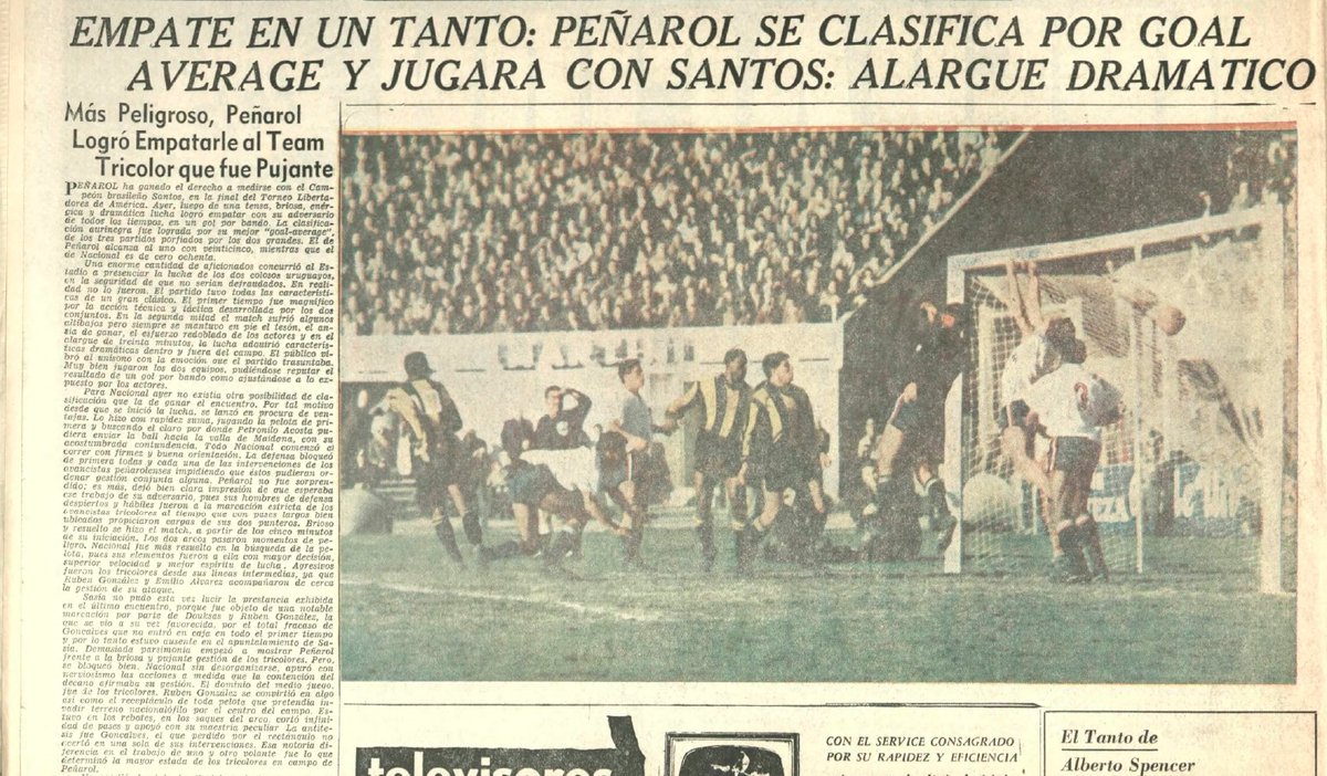 HistoriaCAP's tweet image. 🗓️#UnDíaComoHoy de 1962, @OficialCAP empataba 1-1 con Nacional por Semifinales de Copa Libertadores y eliminaba a su rival
🏟️Centenario
⚽Alberto Spencer 68'
⭐Los albos tuvieron pese a ser vice campeón la chance de participar en la Copa pues Peñarol era el Bi Campeón reinante