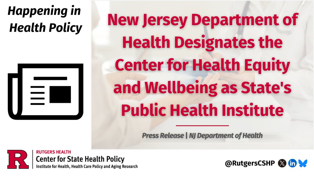 Last week, the <a href="/NJDeptofHealth/">NJDOH</a> officially designated the Center for Health Equity &amp; Wellbeing as the state’s first #publichealth institute.

40+ states have similar initiatives to enhance and advance #collaboration among the #healthcare stakeholders: go.rutgers.edu/j1cef10q