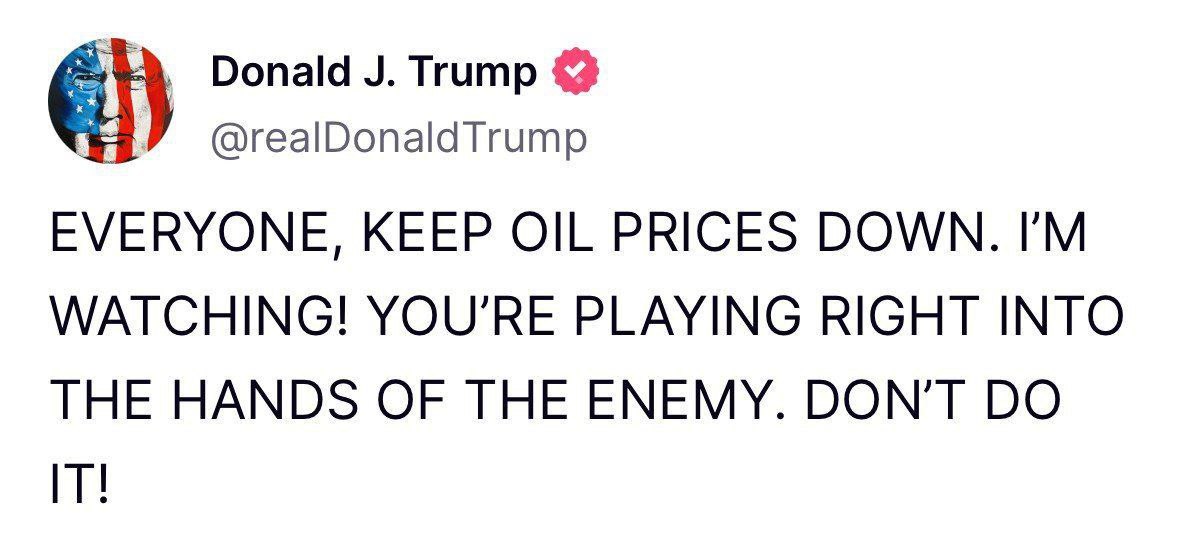 RedPichacosa's tweet photo. SEGURAMENTE CON ESTO LOS PRECIOS DEL PETRÓLEO NO SUBIRÁN 🙄...

"Todos, mantengan bajos los precios del petróleo. ¡Estoy observando!" https://t.co/Ly09XJx5CE