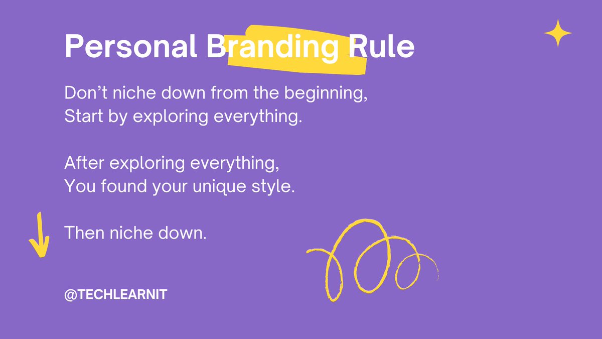 TechLearnit's tweet image. Personal Branding Rule :

Don&apos;t niche down from the beginning, 
Start by exploring everything.

After exploring everything,
You found your unique style.

Then niche down.

#webhosting #remoteitsupport #socialmediamanagement #techlearnit
