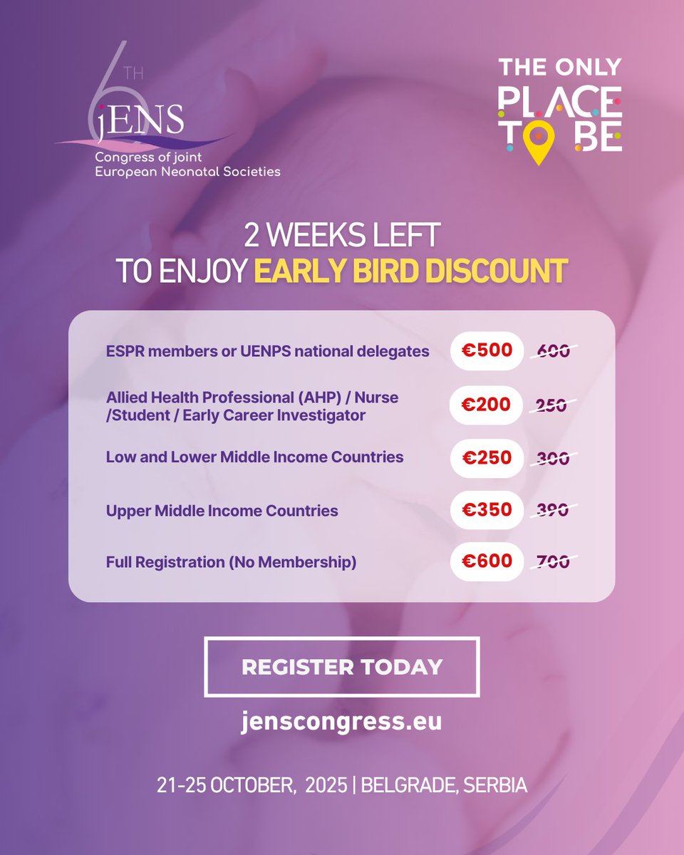 JENS_Congress's tweet image. Only two weeks left to be part of the #jENScongress 2025 at the best rate! Early Bird discount deadline: Friday, 11 July 2025.
Register to the congress now: 👉 bit.ly/jENS-REGISTRAT…
@gfcni_newborn @ESPR_ESN