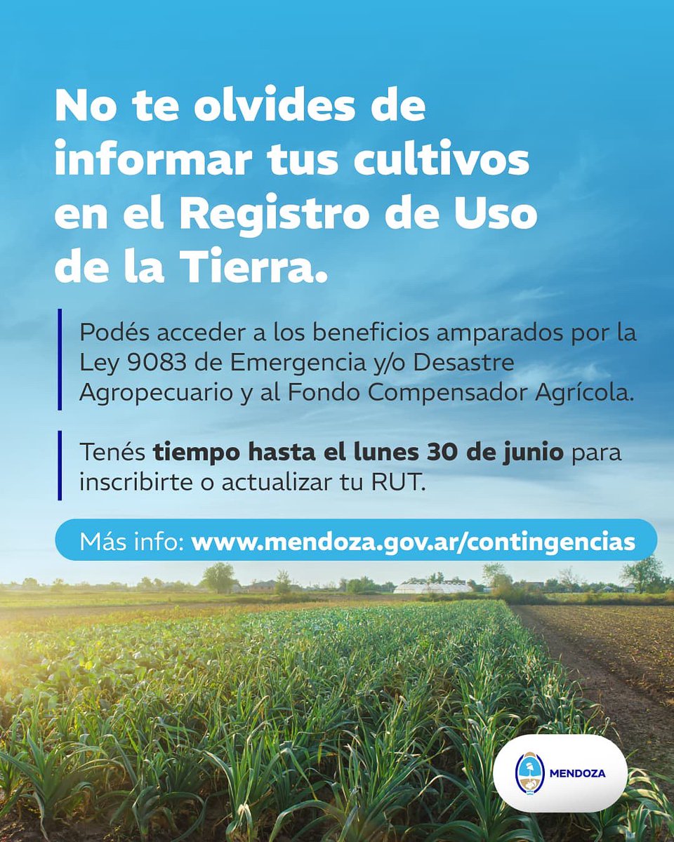 📢 ¡Atención productores de Mendoza!

🗓️ Se extendió hasta el 30 de junio el plazo para inscribirse o actualizar el RUT-SIA (Registro de Uso Permanente de la Tierra).

✅ Este trámite, que se puede hacer de forma 100% virtual a través de sia.mendoza.gov.ar , es clave para: