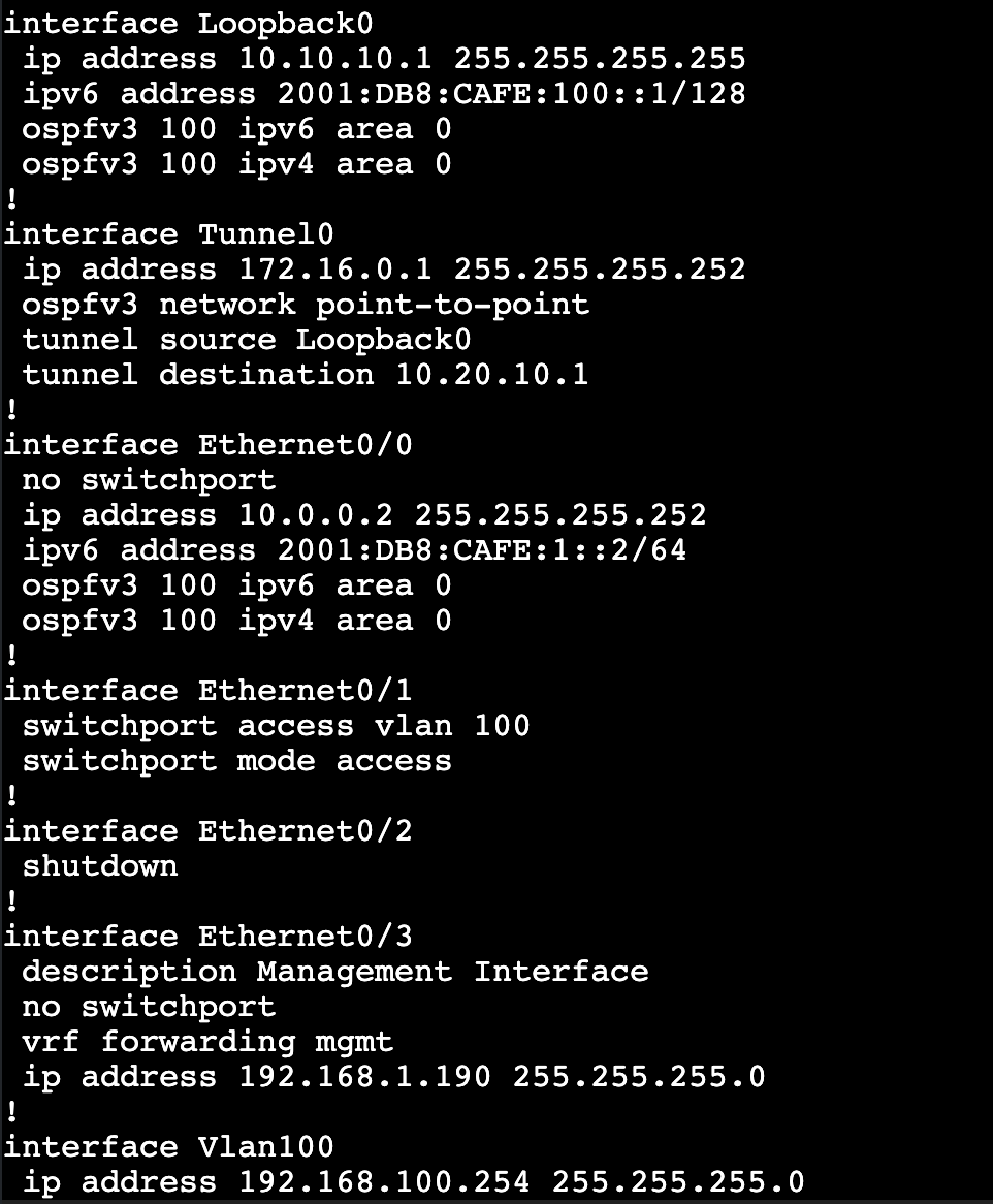 rogue_router's tweet image. 1 router, 2 switches. No config except management interfaces, username, and ssh.
Created IPv4/IPv6 addressing, OSPFv3, tunnel, access ports, vlans, SVIs.