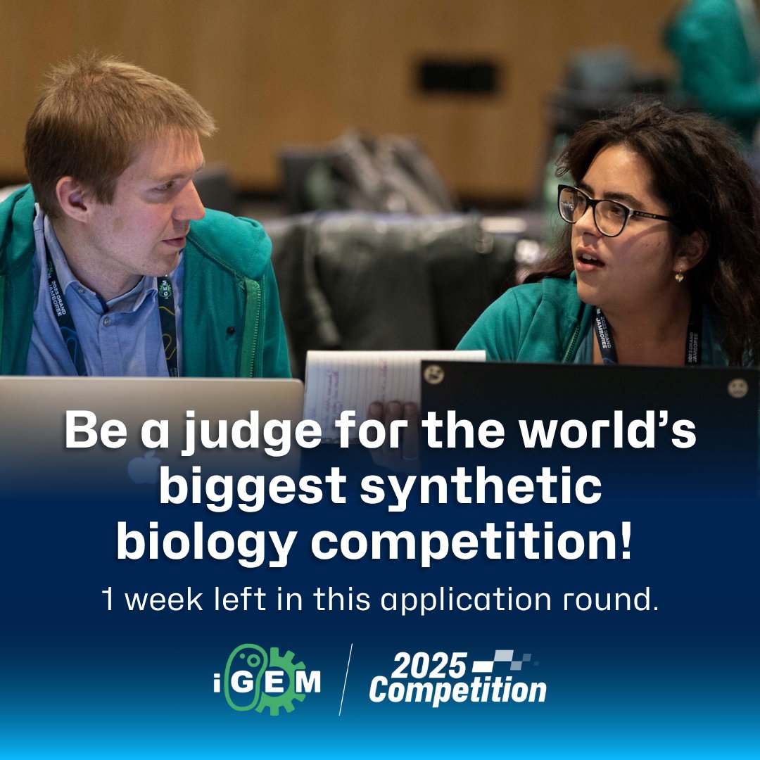iGEM's tweet image. The first round of judging applications saw 400+ applications! Applications are reviewed in batches, on a rolling basis. The earlier you apply, the better your chance is of getting selected. Apply by June 30 to be considered in the next round!

More info: bit.ly/judge-at-igem