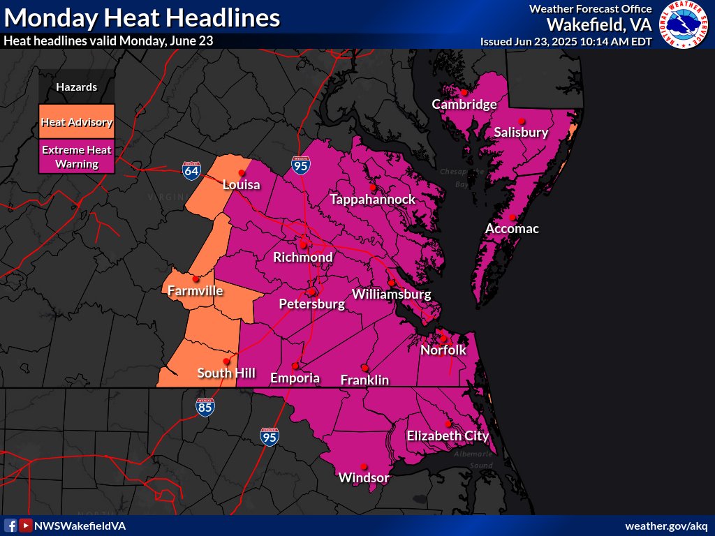 The Extreme Heat Warnings for today, tomorrow, &amp; Wednesday have been expanded to the lower Maryland and Virginia Eastern Shore for peak afternoon heat indices around 110 F. The western Piedmont &amp; MD Beaches remain in a Heat Advisory as heat indices likely stay below 110 F there.