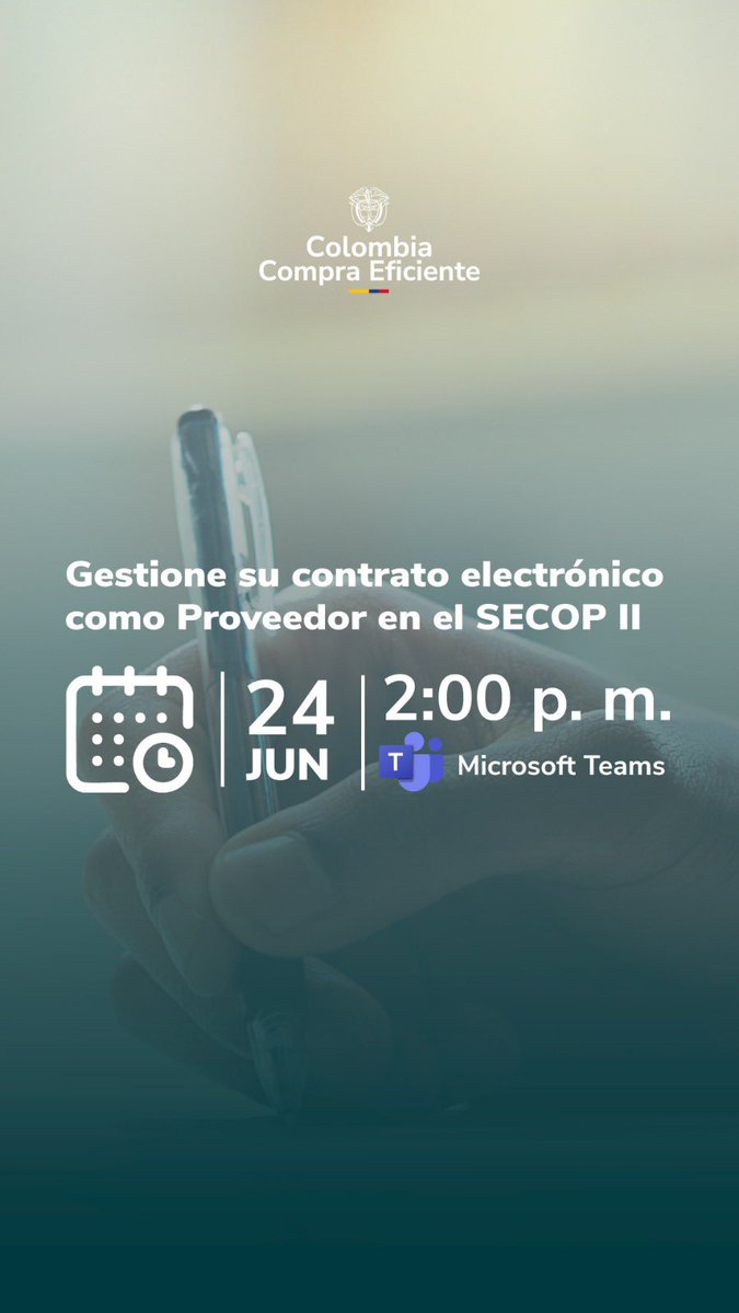 colombiacompra's tweet photo. 📅 Este 24 de junio a las 2:00 p. m.
🔍 Aprende a gestionar tu contrato electrónico como proveedor en el SECOP II.
💻 Conéctate por Teams.
https://t.co/VNrY85YhcQ
¡No te lo pierdas! #ContrataciónPública #SECOPII https://t.co/7zI6TzC6RV