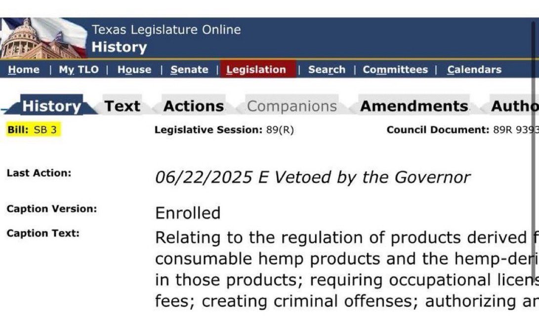 The SB3 bill has officially been VETOED

There will be NO THC ban in Texas