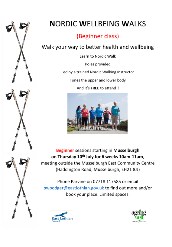 Ageing Well ELC (@ageingwellelc) on Twitter photo Beginners Nordic Walking
Tranent - starting 9th July for 6 weeks
Musselburgh - starting 10th July for 6 weeks
If you are interested, please contact Parvine on
pwoodger@eastlothian.gov.uk to book your place!
Spaces are limited! Beginners Nordic Walking
Tranent - starting 9th July for 6 weeks
Musselburgh - starting 10th July for 6 weeks
If you are interested, please contact Parvine on
pwoodger@eastlothian.gov.uk to book your place!
Spaces are limited!