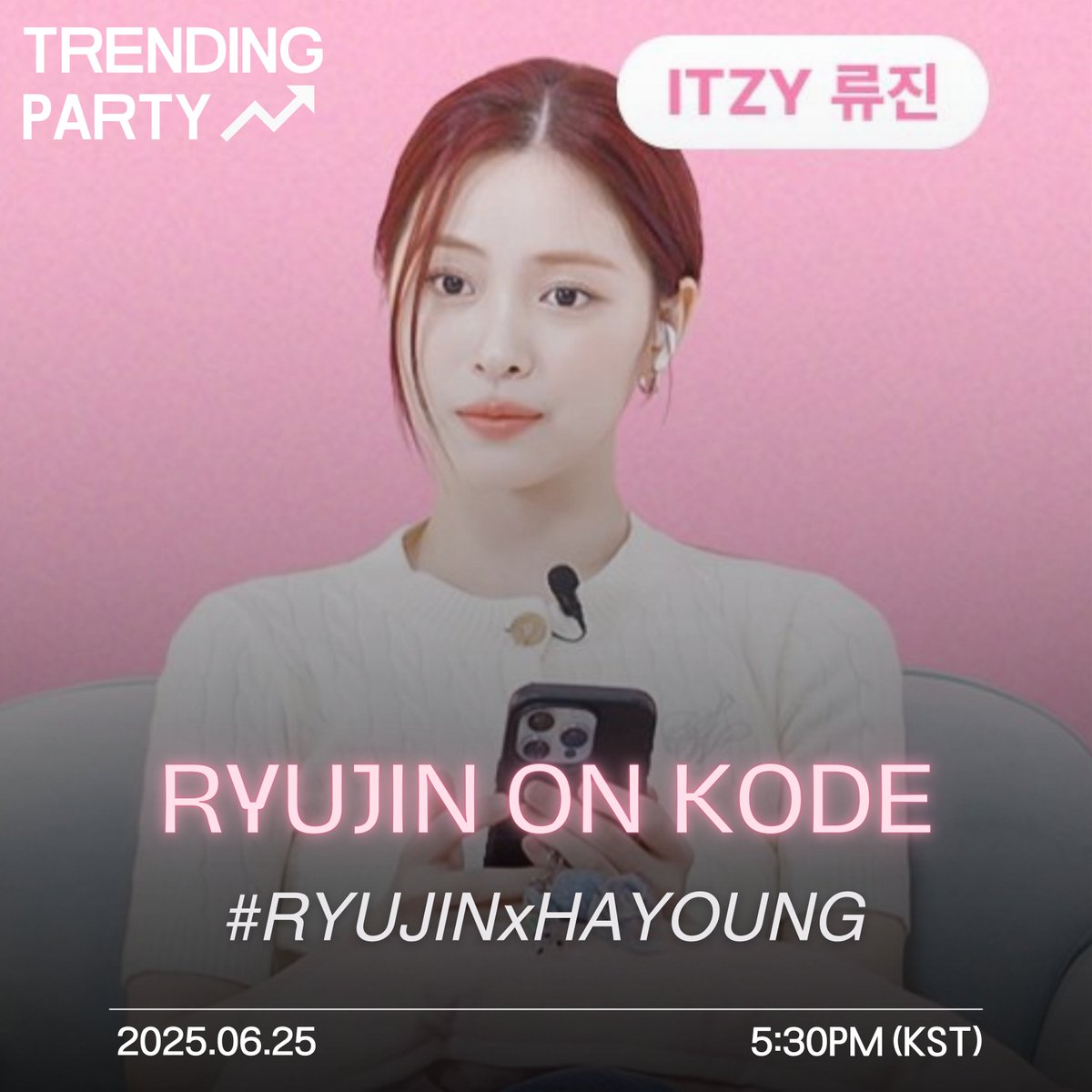 [TRENDING PARTY]

Everyone, let's drop the tag for our RYUJIN on SELF-ON KODE with fromis_9's Song Hayoung, airing in just ONE hour!

RT all tweets with the tags &amp; reply with 2-3 words +

RYUJIN ON KODE
#RYUJINxHAYOUNG 

🎯GOALS: 
🔒500 replies &amp; 100 retweets