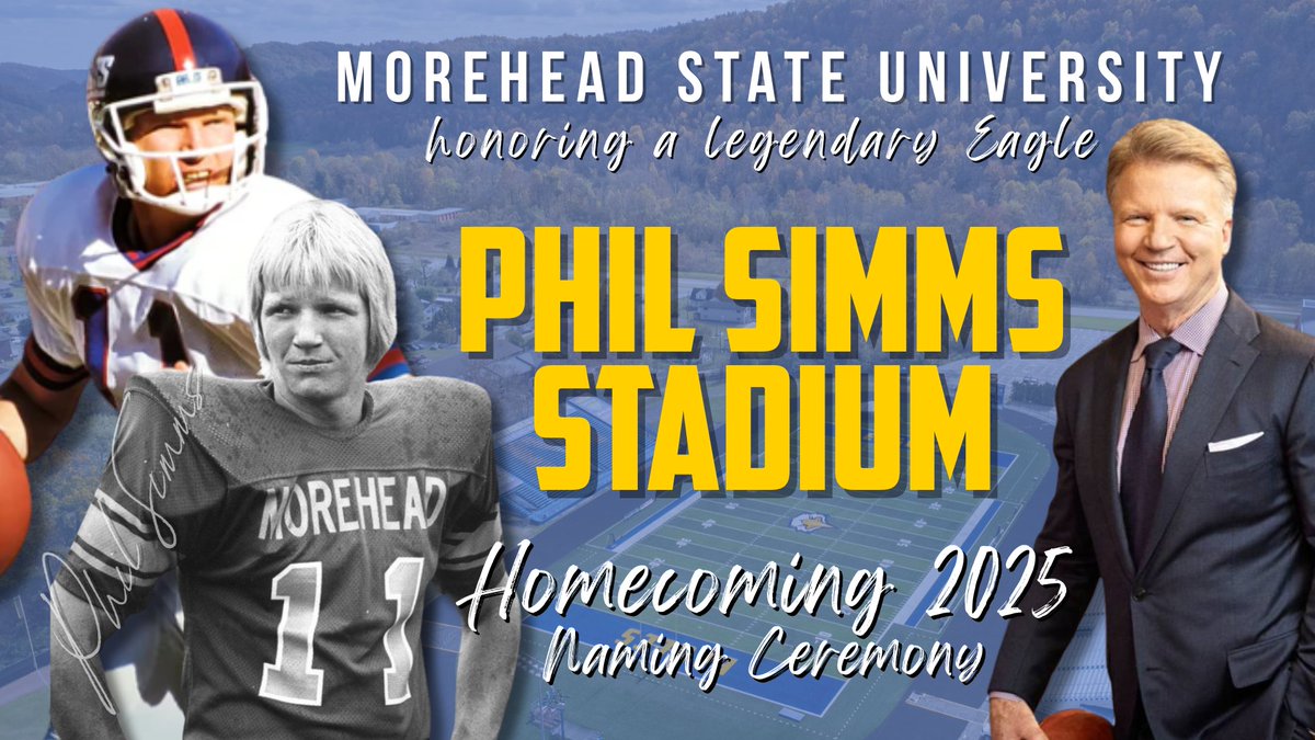 MSUEagles's tweet image. Exciting News! Morehead State University is set to recognize standout alum Phil Simms with honorary football stadium naming during Homecoming this fall.
A ceremony will take place on Saturday, Oct. 18 at 10:30 a.m. ET outside the stadium.
Story: tinyurl.com/7xssm5t8