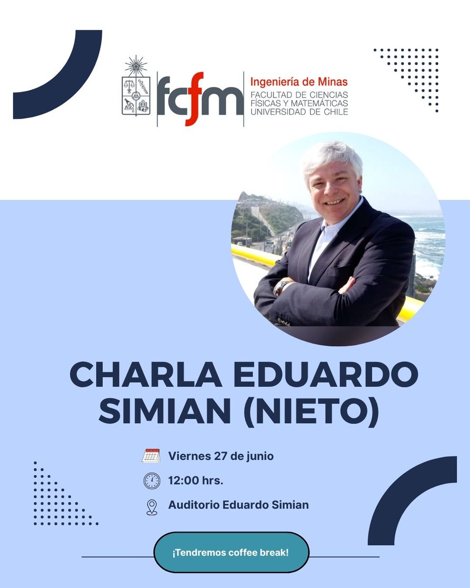 Eduardo Simian Dejean, nieto del destacado ingeniero Eduardo Simian, compartirá relatos personales y familiares que reconstruyen la vida de una figura clave en la historia de la ingeniería chilena:

👥 Dirigido a: Estudiantes, académicos y comunidad DIMin

¡No te lo pierdas!
