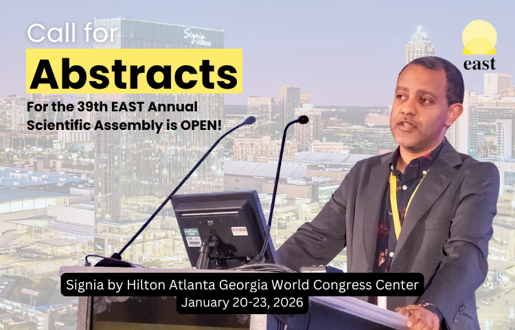 📣 Abstract submissions are OPEN for #EAST2026!

📅 Deadline: July 1, 2025, 11:59 PM PT
📍 Join us in Atlanta: Jan 20–23, 2026

Submit your research in Trauma, EGS, Burn, or Surgical Critical Care.
🔗 bit.ly/4kqRTcg

#BurnSurgery #AcuteCareSurgery #SurgicalCriticalCare