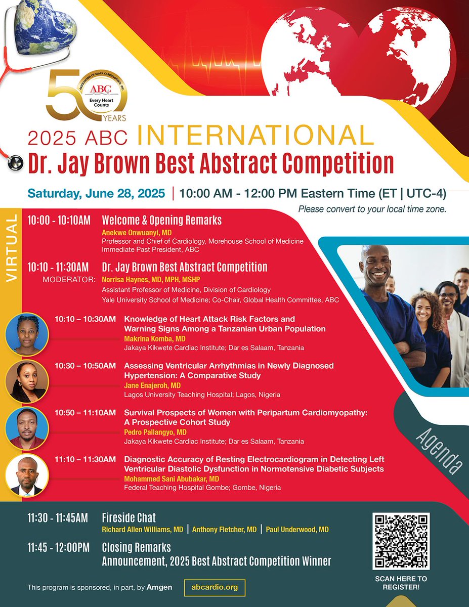 Join the ABC for the 2025 International Dr. Jay Brown Best Abstract Competition — a virtual showcase of brilliant research from emerging voices in cardiovascular medicine from across the African diaspora!
🔗 Register now: Scan QR on flyer or visit abcardio.org