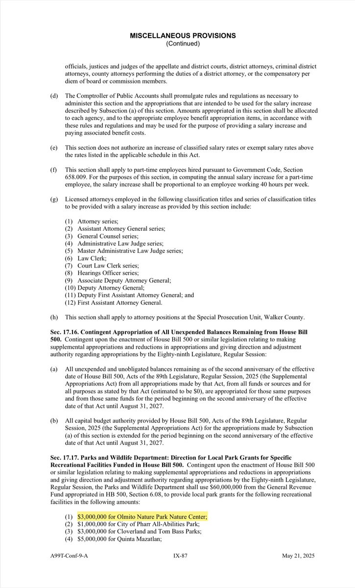 I’m proud to announce $5,750,000 for projects in HD 35:

-$1,000,000 for a new park and upgrades in Sullivan City;

-$1,000,000 for Billy Leo and Hope Parks in La Joya;

-$750,000 for a lift station in Penitas; and

-$3,000,000 for the Olmito Nature Park Nature Center
 
#txlege
