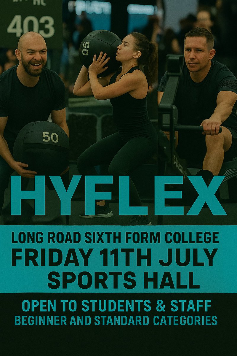 Long Road Sixth Form (@lr6fc) on Twitter photo Push your limits at our HyFlex event! ποΈββοΈπ₯
π
Friday 11 July | β° 12β3pm
π Sports Hall
πͺ Wall Ball | Lunges | Rowing | Cycling | Running
ποΈ Medals for all finishers
π₯ Open to everyone of all fitness levels
π§ Sign up: sgrace@longroad.ac.uk
#BeLong #LongRoadLife #HyFlex Push your limits at our HyFlex event! ποΈββοΈπ₯
π
Friday 11 July | β° 12β3pm
π Sports Hall
πͺ Wall Ball | Lunges | Rowing | Cycling | Running
ποΈ Medals for all finishers
π₯ Open to everyone of all fitness levels
π§ Sign up: sgrace@longroad.ac.uk
#BeLong #LongRoadLife #HyFlex
