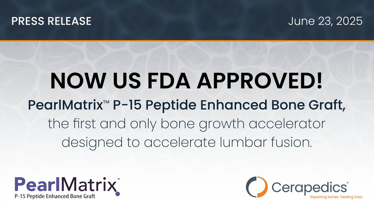 Today we announced US FDA approval of PearlMatrix™ P-15 Peptide Enhanced Bone Graft, the first and only bone growth accelerator designed to accelerate lumbar fusion. With this approval, Cerapedics has two of only three spinal bone graft products that meet robust FDA evidence