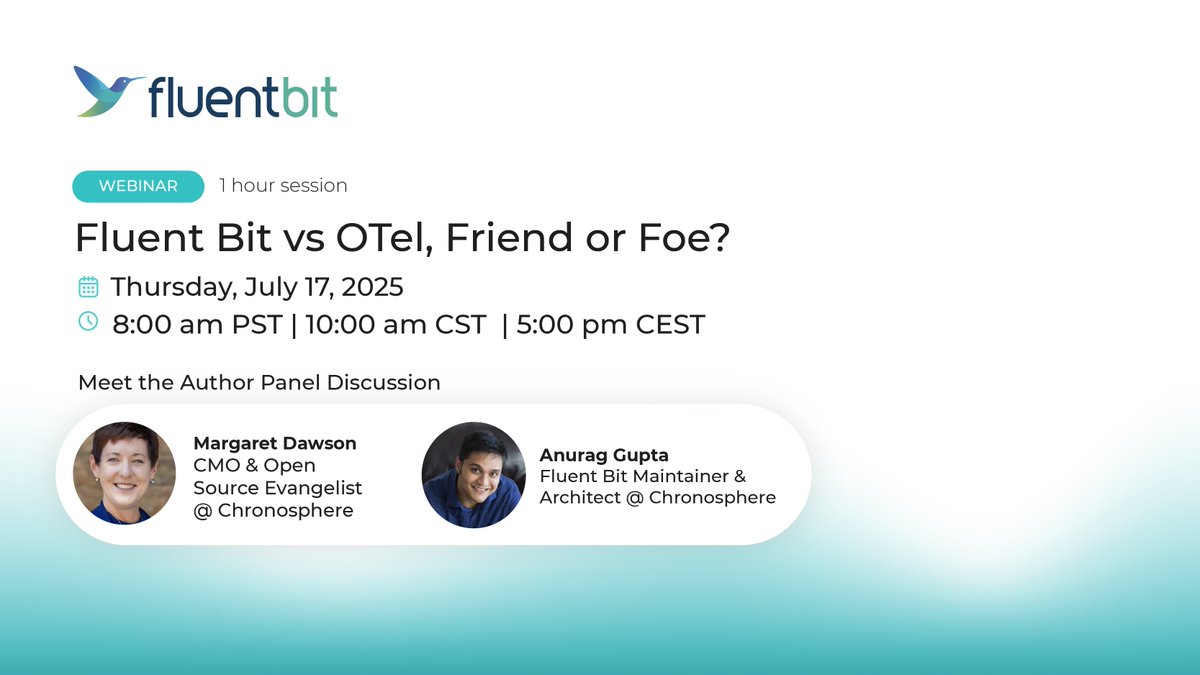 Eric D. Schabell (@schabell.org) (@ericschabell) on Twitter photo Wondering if <a href="/fluentbit/">Fluent Bit</a> or <a href="/opentelemetry/">OpenTelemetry</a> are friends or foes? Join core maintainer & architect Anurag Gupta and <a href="/seattledawson/">Margaret Dawson</a> for answers to this fascinating storyline on July 17. Register today! <a href="/chronosphereio/">Chronosphere</a> #cloudnative #observability #o11y go.chronosphere.io/fluent-bit-vs-… Wondering if <a href="/fluentbit/">Fluent Bit</a> or <a href="/opentelemetry/">OpenTelemetry</a> are friends or foes? Join core maintainer & architect Anurag Gupta and <a href="/seattledawson/">Margaret Dawson</a> for answers to this fascinating storyline on July 17. Register today! <a href="/chronosphereio/">Chronosphere</a> #cloudnative #observability #o11y go.chronosphere.io/fluent-bit-vs-…