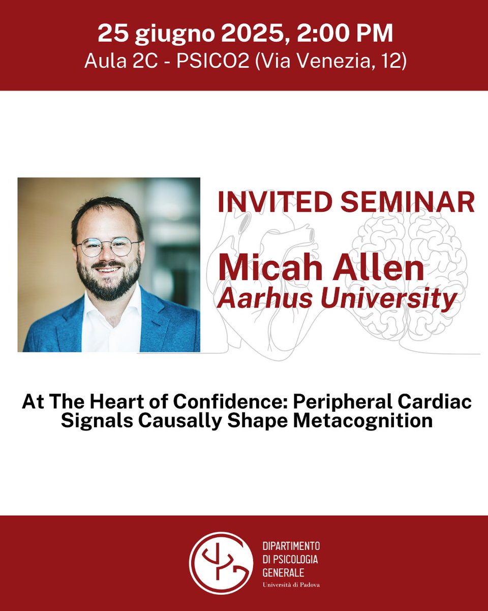Fiorella Del Popolo Cristaldi (@fiorelladpc) on Twitter photo Excited to chair <a href="/micahgallen/">Micah G. Allen</a>'s fantastic seminar this Wednesday, June 25th at DPG! 🧠🫀 Join us in 📍 Room 2C, PSICO2 building. Don’t miss it! 🚀
<a href="/UniPadova/">Università di Padova</a> #DepartmentOfGeneralPsychology Excited to chair <a href="/micahgallen/">Micah G. Allen</a>'s fantastic seminar this Wednesday, June 25th at DPG! 🧠🫀 Join us in 📍 Room 2C, PSICO2 building. Don’t miss it! 🚀
<a href="/UniPadova/">Università di Padova</a> #DepartmentOfGeneralPsychology