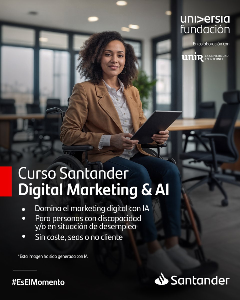 ¿Quieres impulsar tu carrera en el mundo digital? Con el Curso Santander | Digital Marketing &amp; AI, aprenderás a diseñar campañas efectivas aplicando Inteligencia Artificial, performance y redes sociales.

💻 100% online y gratuito para personas con discapacidad y/o en situación