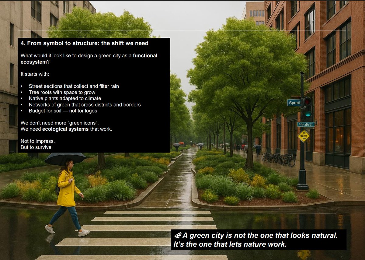 Stop Romanticizing Green Buildings, Francesco Procacci

A patch of grass on a rooftop is not a park. 
A vertical planter is not a forest. 
And a tree in a box — suffocating in 1 cubic meter of soil — is not infrastructure. 
It’s a performance .
Not nature.
bit.ly/4kNU2iZ