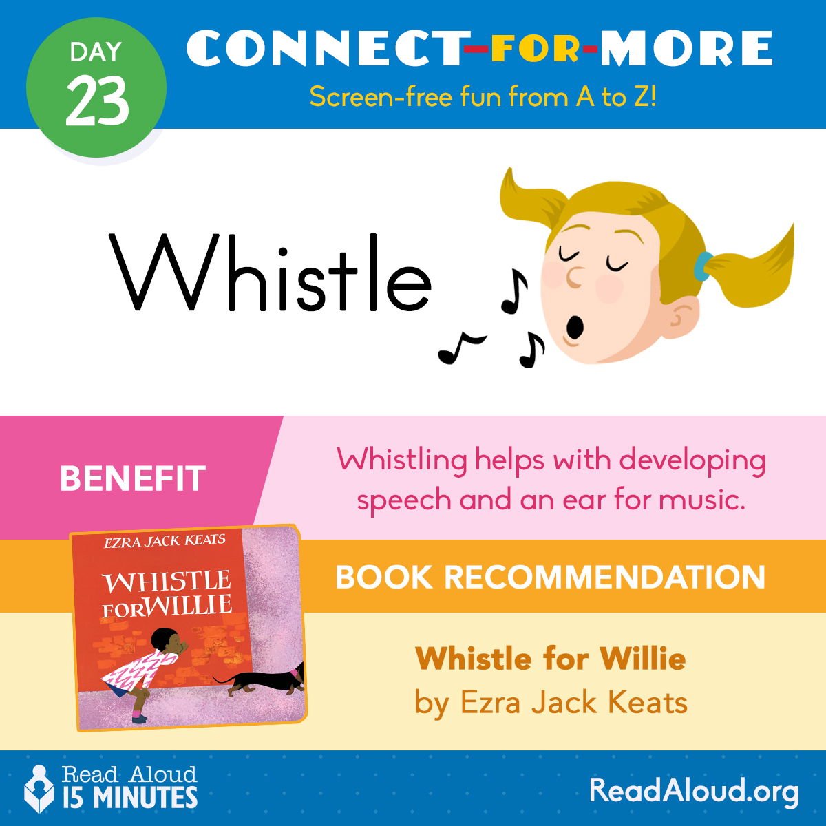 ReadAloud_org's tweet image. “WHISTLE” – a fun way to spark creativity in kids and build speech and musical skills. Try simple melodies, mimic bird calls, or make up silly tunes. Pair with "Whistle for Willie" for extra fun! #ReadAloud15